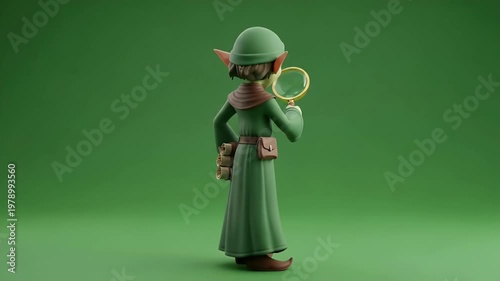 Curious Cartoon Elf Character in Medieval Attire Holding Magnifying Glass Investigating