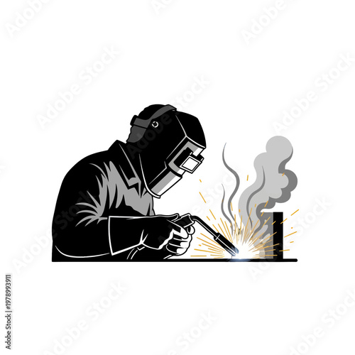 A professional welder working on a metal project with sparks and smoke