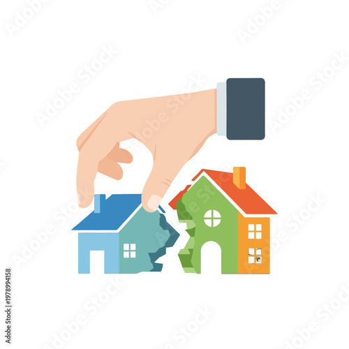 A hand placing a small house model next to a larger residential building structure