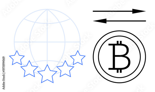 Global trade, cryptocurrency, financial services, blockchain, digital transactions, decentralized systems. Globe, stars Bitcoin symbol and arrows showing exchange. Cryptocurrency and global trade