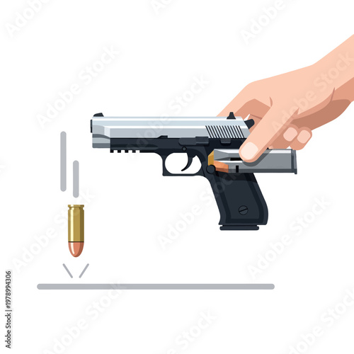 A hand holding a handgun while a single bullet falls to the ground below
