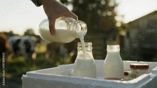 Fresh milk being poured from a glass bottle into smaller containers on a farm with cows in the background