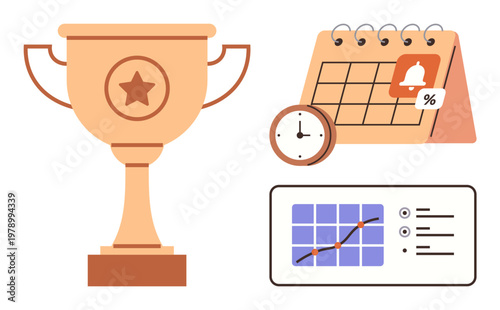 Goal setting, productivity, success tracking, time management, scheduling, rewards. Trophy success, calendar and clock planning chart for progress tracking. Productivity and success tracking concept