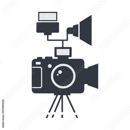 A simple flat icon illustration of a professional video camera on a tripod