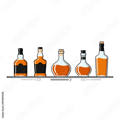A collection of various glass bottles filled with amber liquid on a shelf