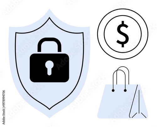 Online payment security, e-commerce, data protection, digital transactions, retail trust, financial safety. Shield with lock, shopping bag and currency symbol. Online payment security and e-commerce