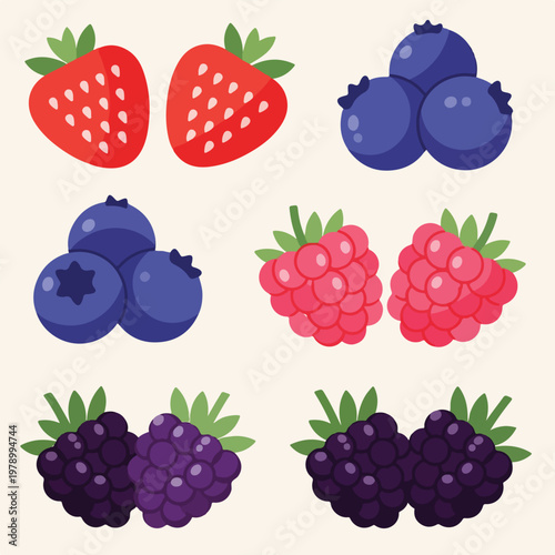Colorful cartoon illustrations of various types of fresh, ripe berries