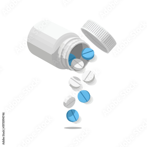 A white plastic bottle spilling various blue and white medical pills on a surface