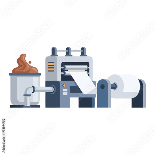 An industrial machine processes raw material into a large paper roll for production