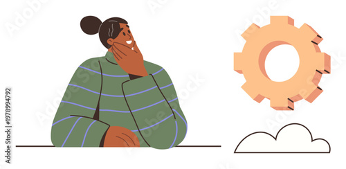 Innovation, technology solutions, problem-solving, brainstorming, cloud computing, decision-making. Person thinking next to a gear and cloud symbol. Innovation and technology solutions theme