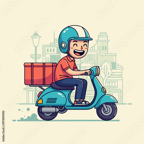 Happy delivery man riding blue scooter with food box in city illustration