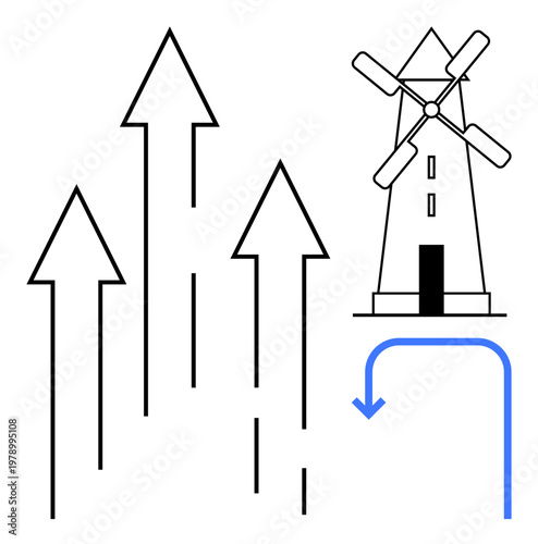 Renewable energy, sustainable growth, eco-technology, wind power, innovation, clean energy. Black arrows rising next to a windmill with a blue curved arrow. Renewable energy and sustainable growth