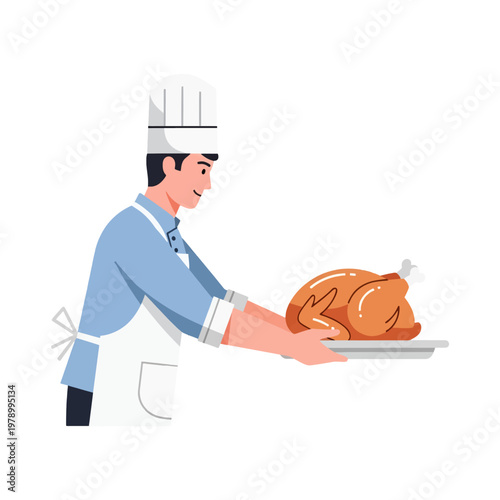 A professional chef holding a roasted bird on a silver platter for dinner service
