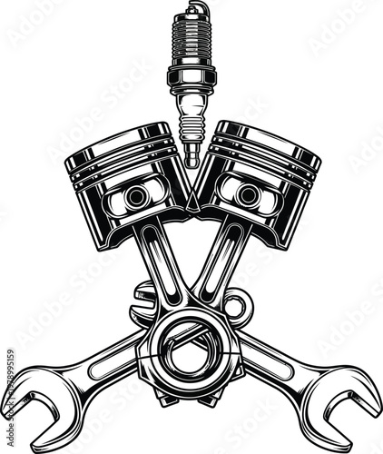 Crossed Pistons and Spark Plug Automotive Mechanic Logo Illustration.