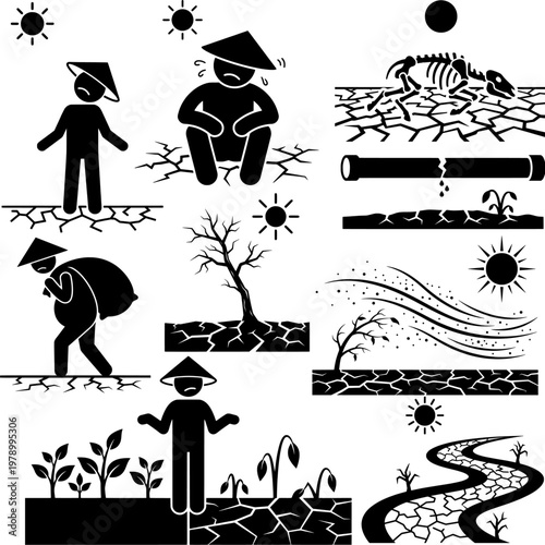 Drought and Climate Change Impact on Land Water and Agriculture Icon Collection
