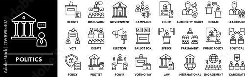 Politics outline icon collection set. Containing design government, political, meeting, business, conference