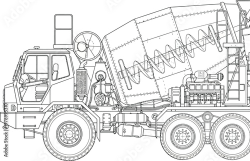 Detailed Line Art Illustration of a Heavy Duty Concrete Mixer Truck.