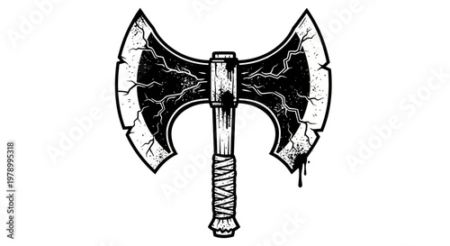 Double-headed battle axe with cracked blades and dripping blood, graphic illustration