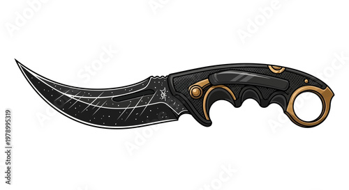 Curved Combat Knife with Black Handle and Gold Accents