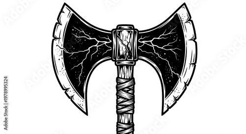 Double-headed battle axe with lightning cracks on blades, vector illustration