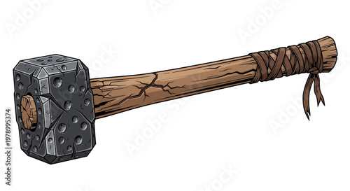 Heavy Sledgehammer with Cracked Wooden Handle and Leather Wrap
