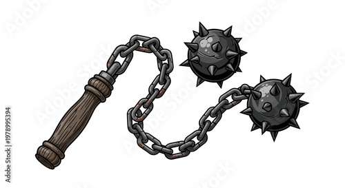 Medieval Flail Weapon with Spiked Balls and Wooden Handle
