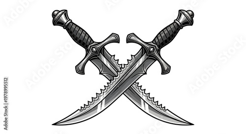 Two crossed daggers with serrated blades and ornate handles, isolated on white background.