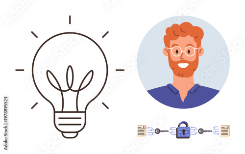 Innovation, creativity, blockchain, security, technology, digital identity. Light bulb, smiling man blockchain lock and nodes. Innovation and blockchain security