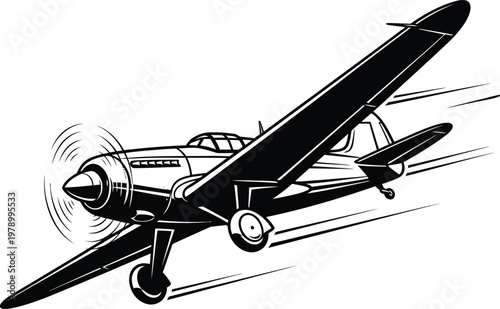 Vintage propeller aircraft flying in black and white illustration.