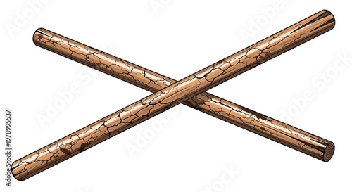 Two crossed wooden sticks with cracked texture