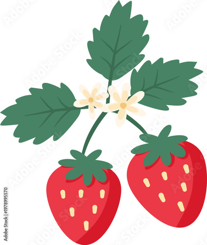 Minimal Strawberry Plant with Leaves and Flowers in Flat Vector Style