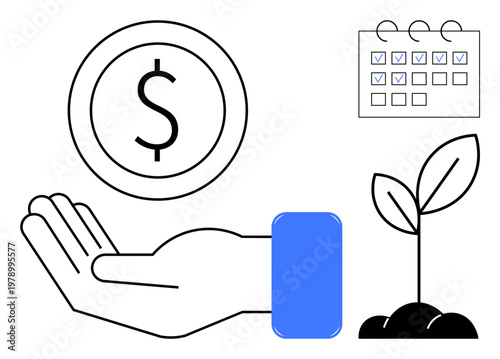 Financial planning, business goals, investment, growth strategies, sustainability, time management. A hand holds a dollar sign with a plant and checklist. Financial growth and investment concepts