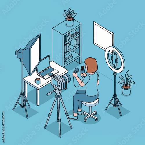 Woman recording video with camera and ring light.