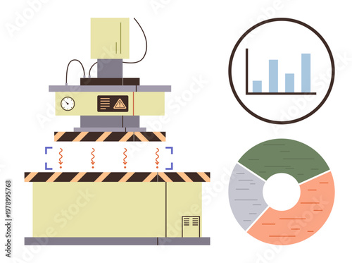 Manufacturing, safety monitoring, data analysis, efficiency, technology, industry solutions. Industrial machine with caution signs, graphs and charts. Manufacturing and safety monitoring concepts
