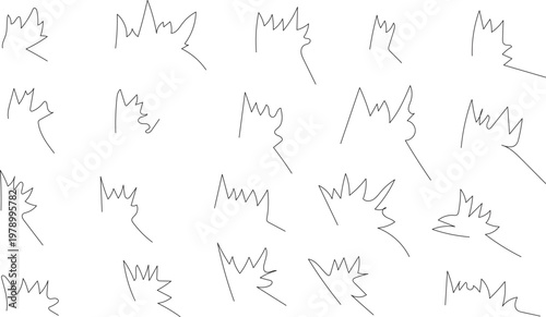 Collection of abstract black line drawings of stylized grass blades and leaves on white background leaf