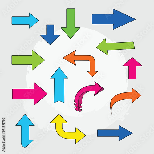 Colorful, diverse arrows pointing in various directions, on a pale backdrop