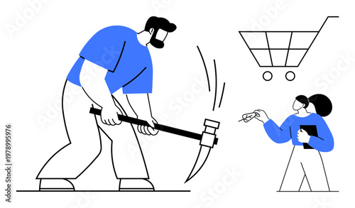 Cryptocurrency, e-commerce, blockchain, digital economy, technology, work. A person mining with a pickaxe while another stands with a shopping cart icon. Cryptocurrency and e-commerce concepts