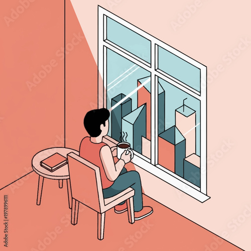 A man sitting by the window looking outside.