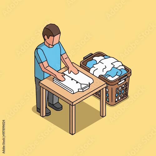 Man folding laundry on a table.