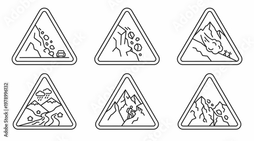 Set of six triangular warning signs depicting various natural geological hazards.