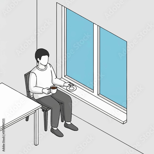 Man sitting by window eating breakfast.
