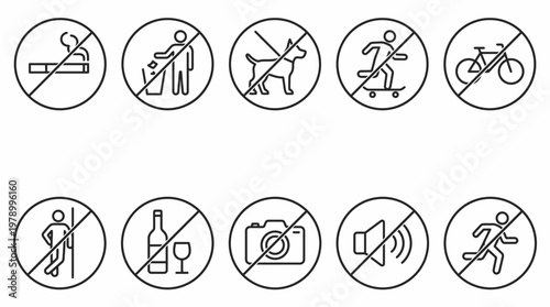 Set of prohibition signs for various activities and items.