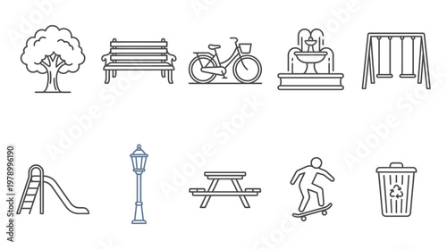 Collection of park and outdoor recreation line icons including tree, bench, bicycle, fountain, swings, slide, lamppost, picnic table, skateboarder, and trash ca