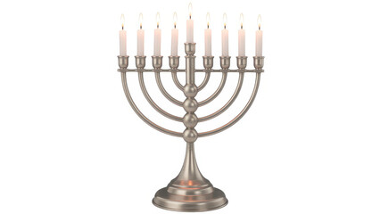 Silver hanukkah menorah with nine lit candles, isolated on a white background, for celebration