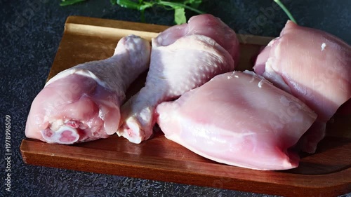 Juicy chicken cuts lie on a wooden board, ready for seasoning and cooking in a bright kitchen setting.