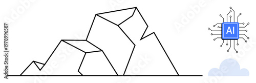 Artificial intelligence, technology innovation, digital transformation, machine learning, cloud computing, data systems. Geometric mountain illustration with AI and cloud symbols. Artificial
