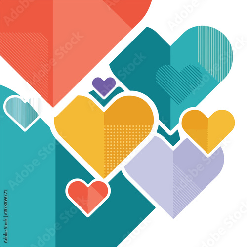 Colorful, geometric hearts arranged on a white background