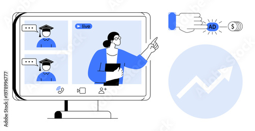 Online education, digital marketing, e-learning, remote communication, video calls, business analytics. A screen with live sessions and a hand clicking an ad. Online education and digital marketing