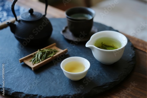 Traditional tea set with green tea leaves, teapot, and cups arranged on a slate tray