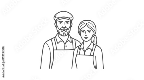 Line art illustration of a male and female worker wearing aprons and uniforms, representing small business owners or service staff.